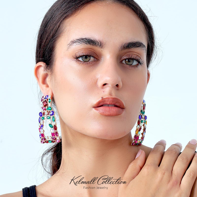 KELMALL Chunky Geometric Rhinestone Dangle Earrings for Women â€“ Bold Rectangle Statement Drop Earrings, Gift-Boxed Fashion Jewelry - Image 2